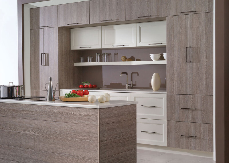 Close-up of laminate cabinets in a modern office kitchen