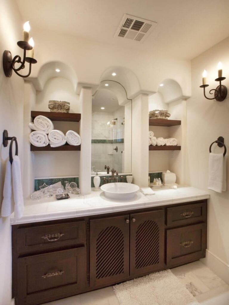 A close-up of a custom vanity cabinet showing premium hardwood materials and soft-close hardware