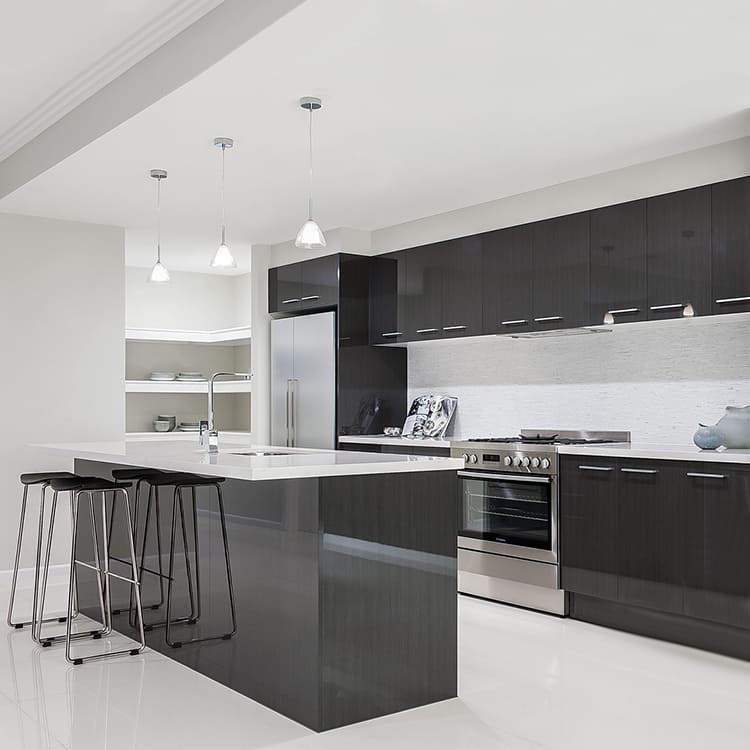 A kitchen made of MDF cabinets in a modern setting