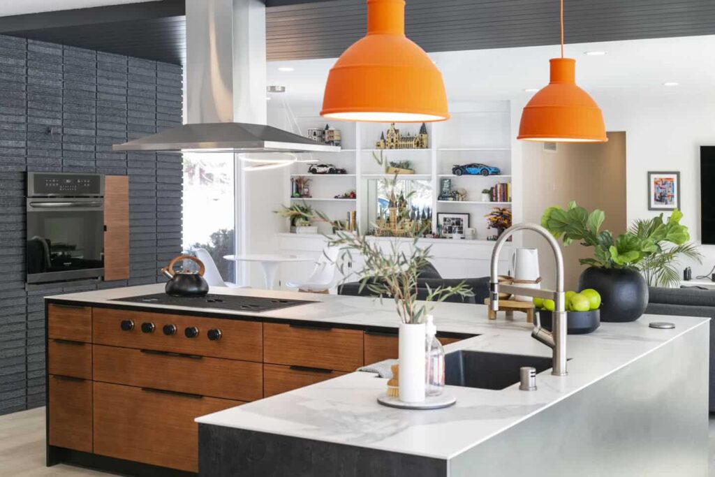 A kitchen with low VOC cabinets featuring a modern, eco-friendly design