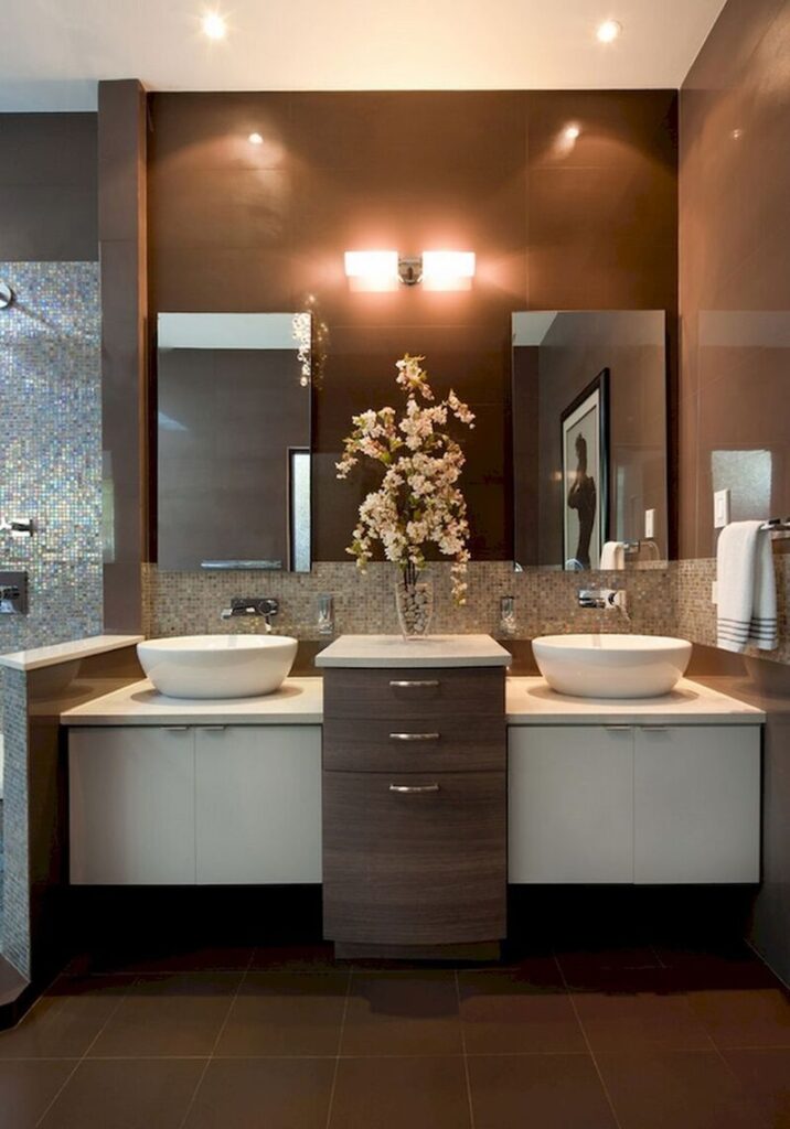 A modern bathroom featuring a vanity with sleek design