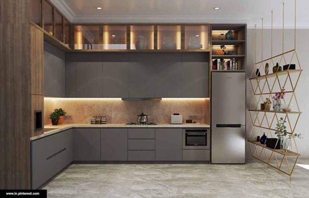 A modern kitchen featuring modular cabinets with pull-out drawers and corner units, optimizing space and efficiency