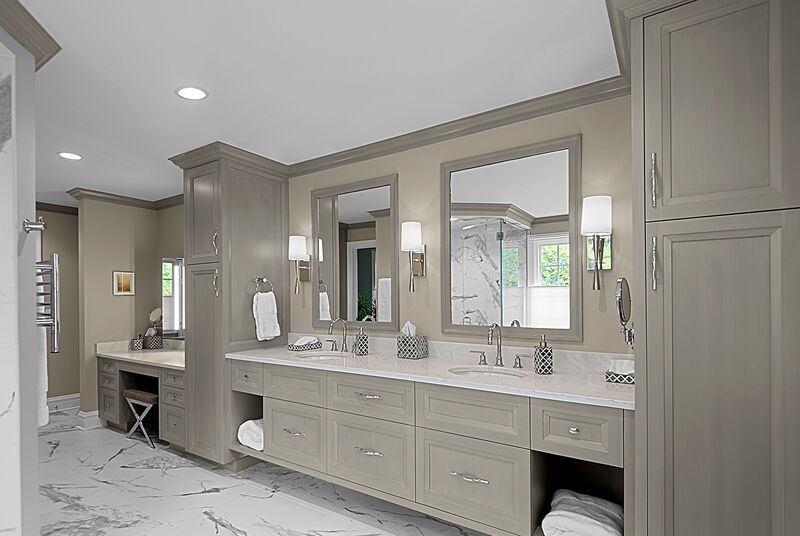 Luxurious bathroom with custom vanity cabinets, showcasing high-end materials and personalized design