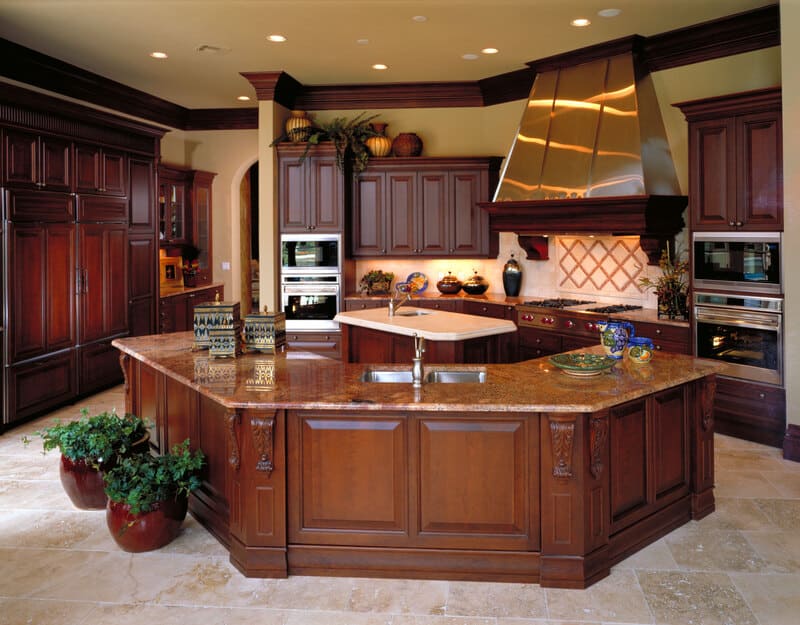 Custom kitchen cabinets designed to fit an irregular kitchen layout, using premium wood.