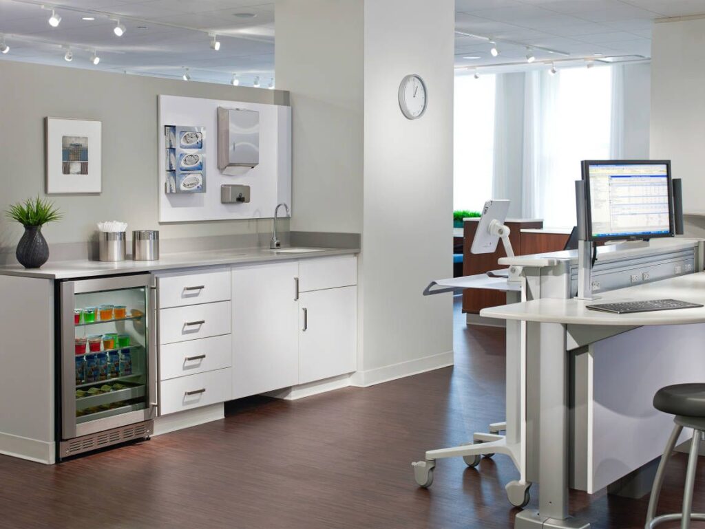 Modular storage cabinets in a healthcare facility, showcasing their adaptability and organization capabilities