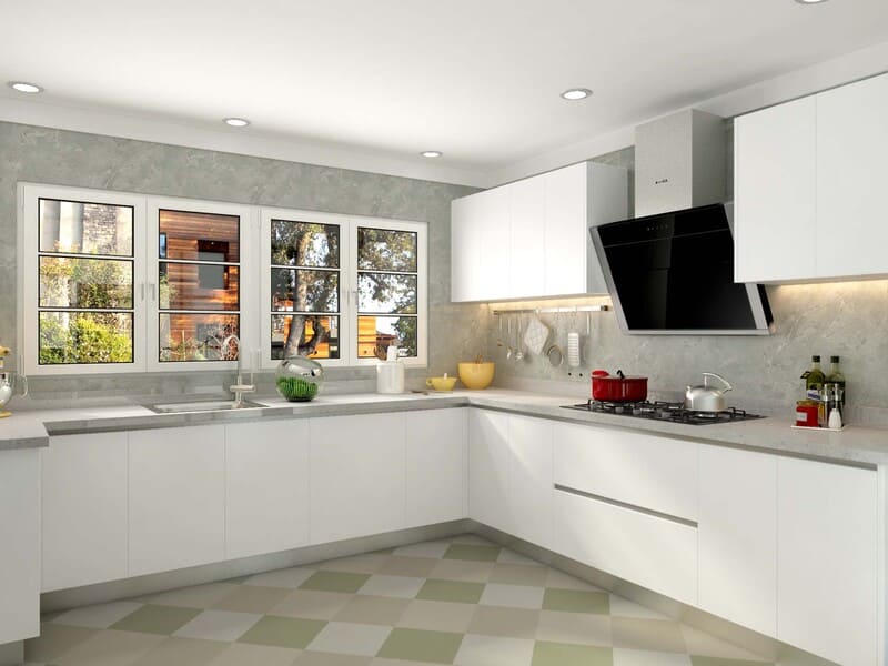 A minimalist kitchen featuring flat panel doors in matte white