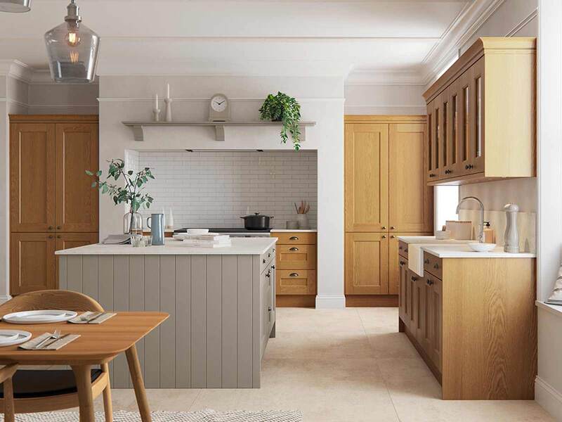 A minimalist kitchen featuring slim shaker cabinets with natural wood accents