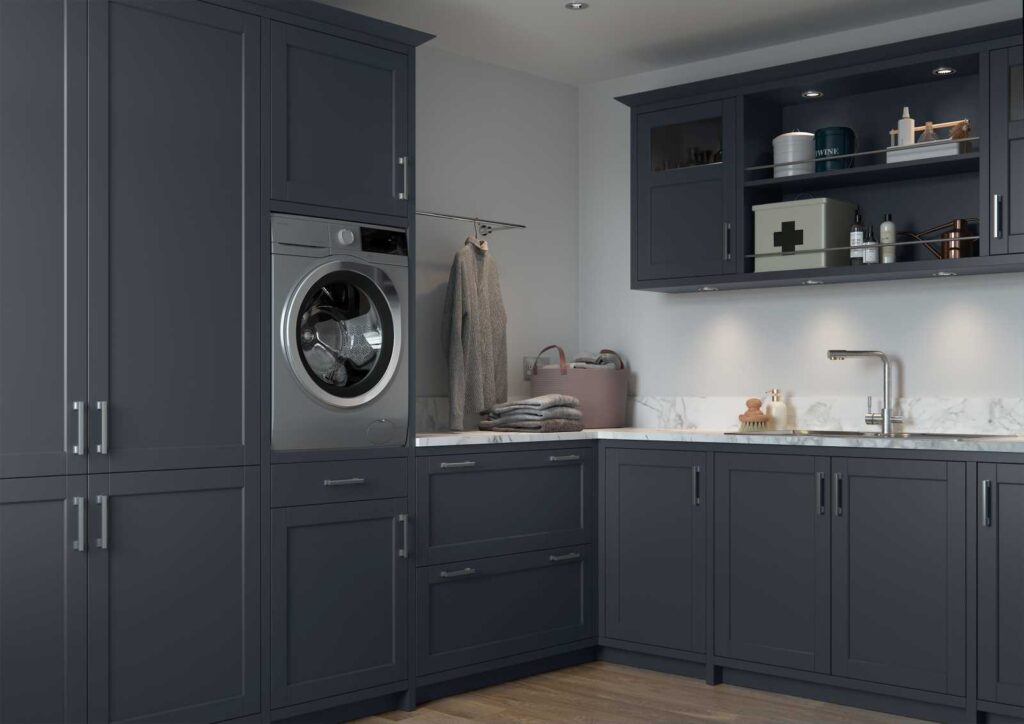 A modern kitchen with slim shaker cabinets in matte navy blue