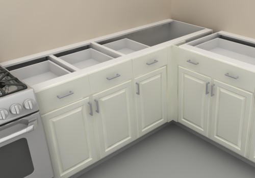 Blind corner base cabinet in a modern kitchen setup, maximizing storage in a small space.