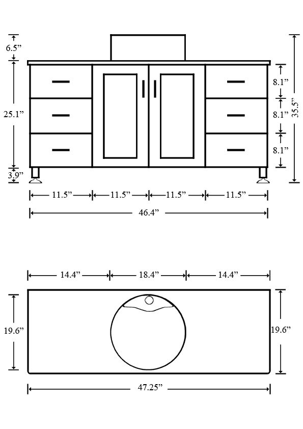 Example of a bathroom showcasing a vanity cabinet with standard dimensions marked