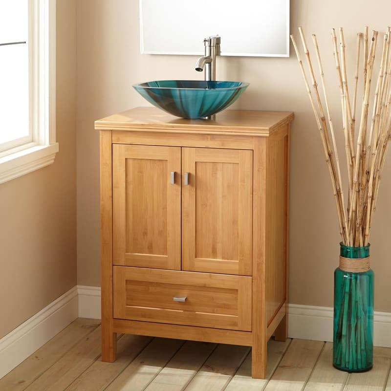 Example of a compact vanity cabinet depth, showcasing the fit in a smaller bathroom