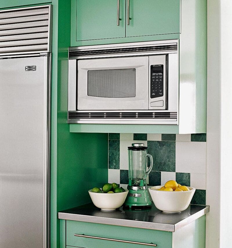 Microwave cabinet with added storage compartments for improved kitchen organization