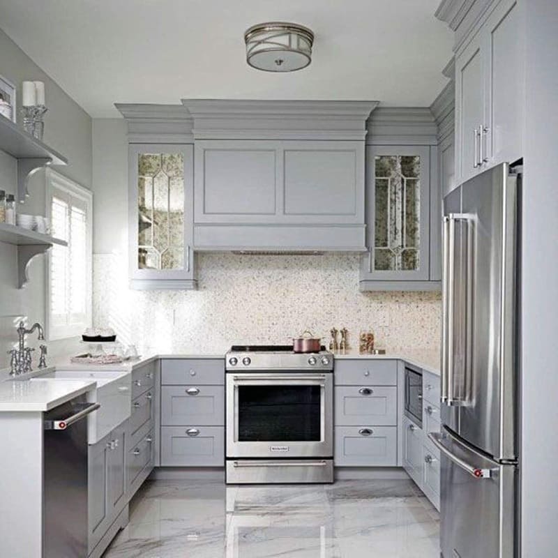 Warm Kitchen Cabinet Colors: Minimalist kitchen featuring warm grey cabinets