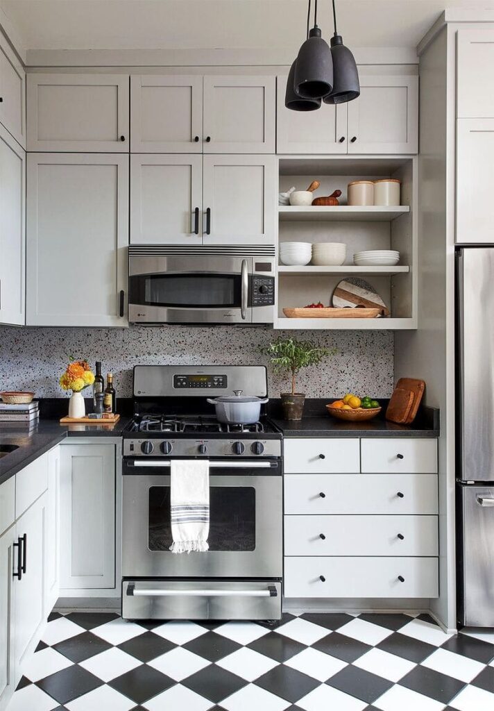 Overhead microwave cabinet offering both storage and functionality in a modern kitchen.