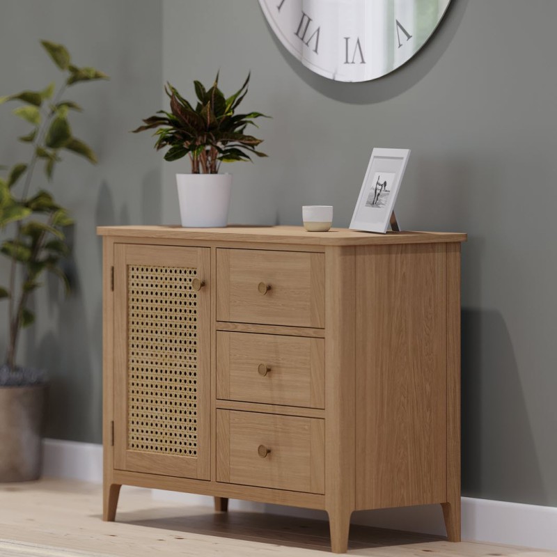 A standard sideboard with a mix of drawers and cabinets, providing functional storage and a sleek design for a mid-sized dining room