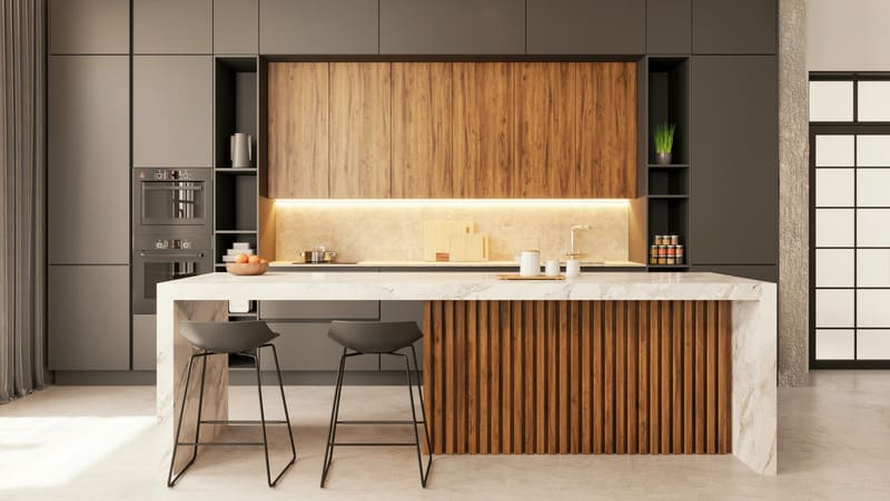 Contemporary kitchen with a combination of textured island base cabinets