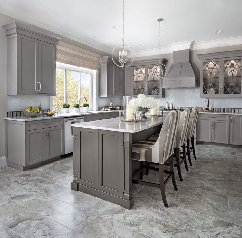 Contemporary kitchen with grey painted kitchen cabinets