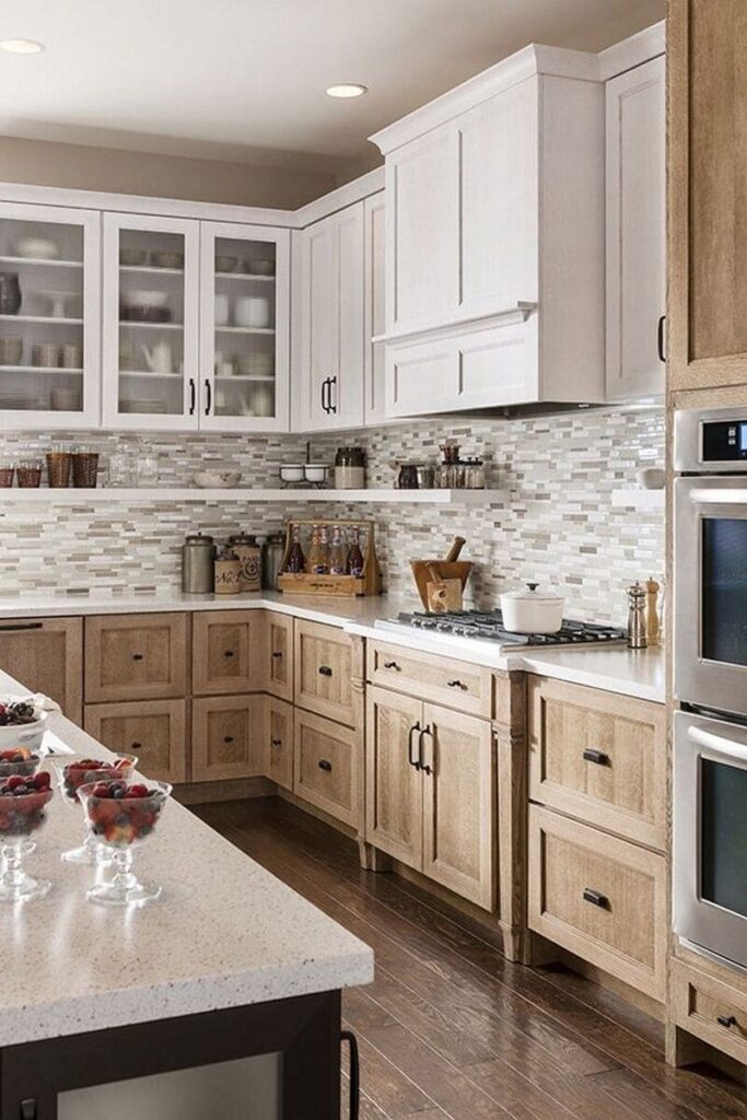 Farmhouse kitchen featuring warm white cabinets