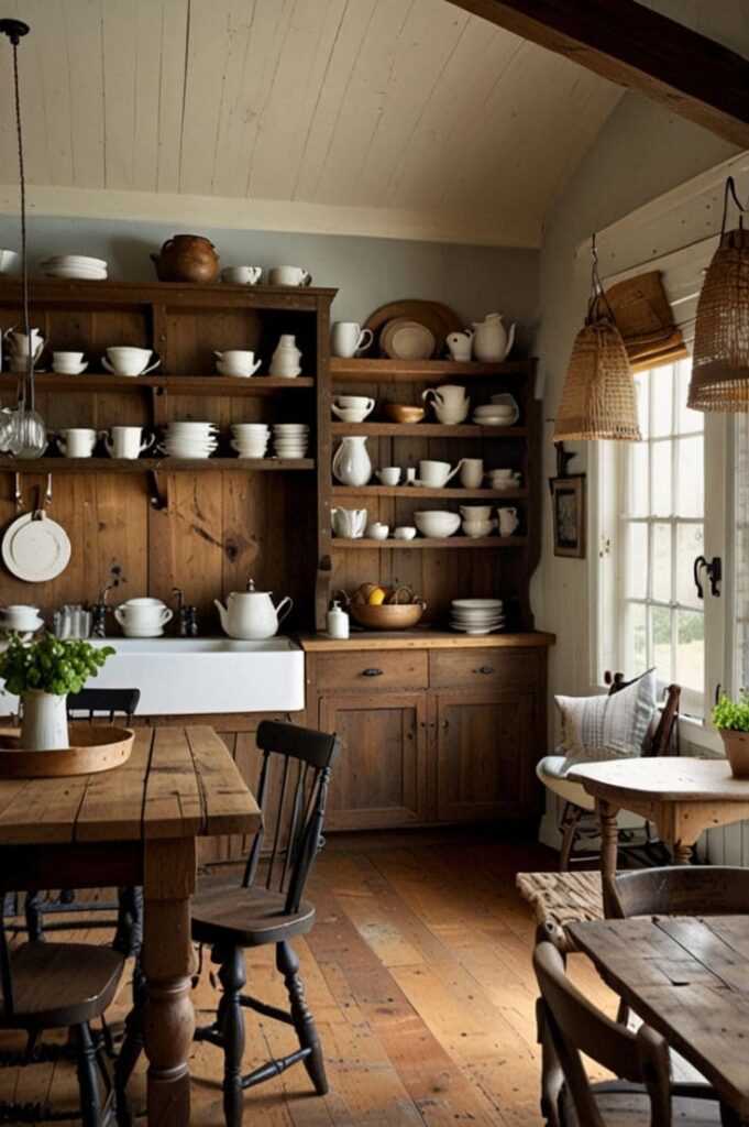 Farmhouse kitchen with rustic open shelves made of reclaimed wood and iron brackets, styled with vintage décor and cookware