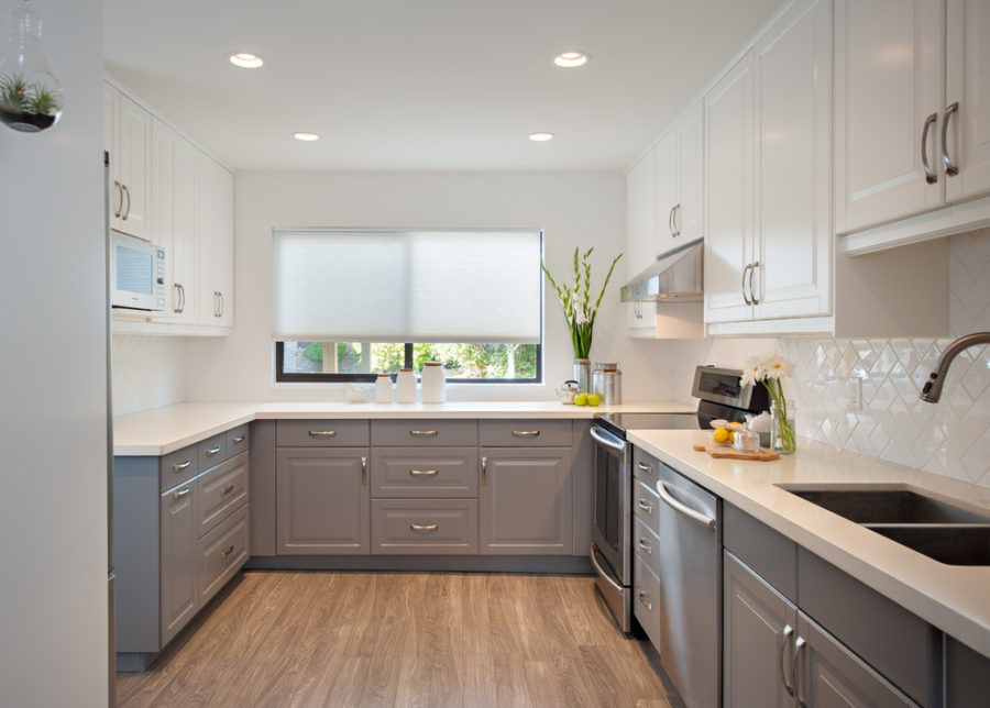 Kitchen featuring two-tone cabinetry with grey painted cabinets and white upper cabinets