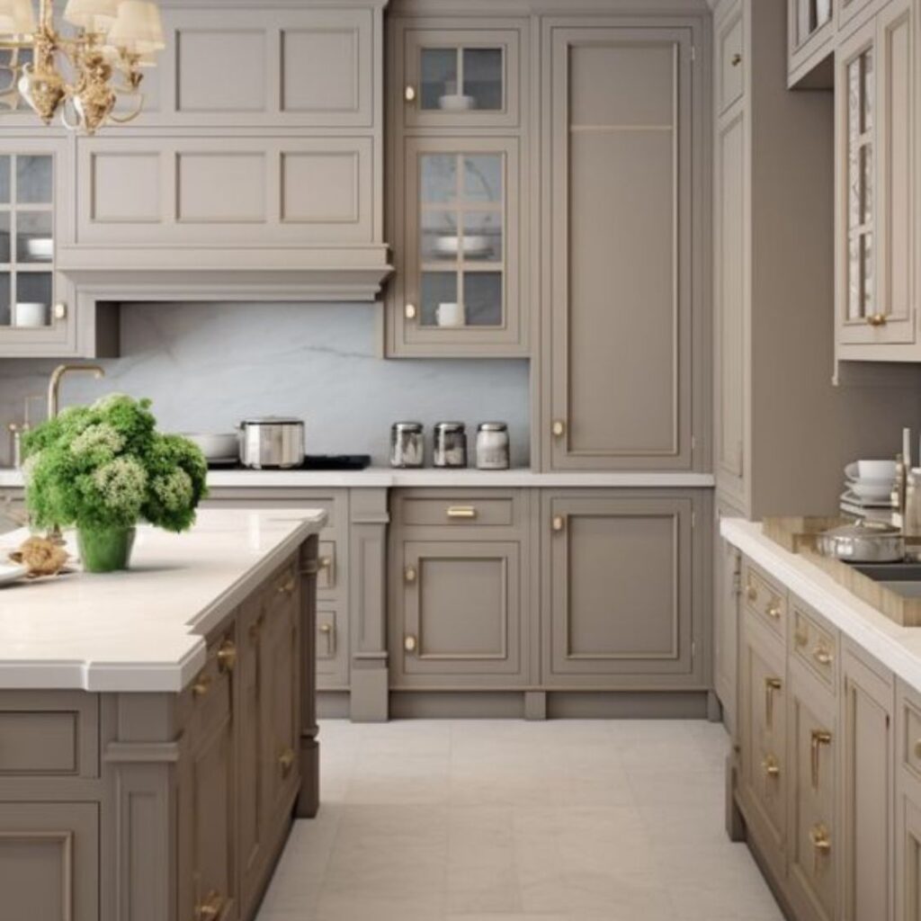 Kitchen featuring warm greige painted cabinets