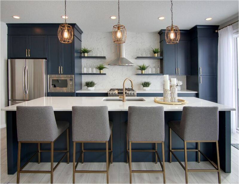 Mixed Color Kitchen Cabinets: Luxury kitchen featuring navy lower cabinets, warm white uppers