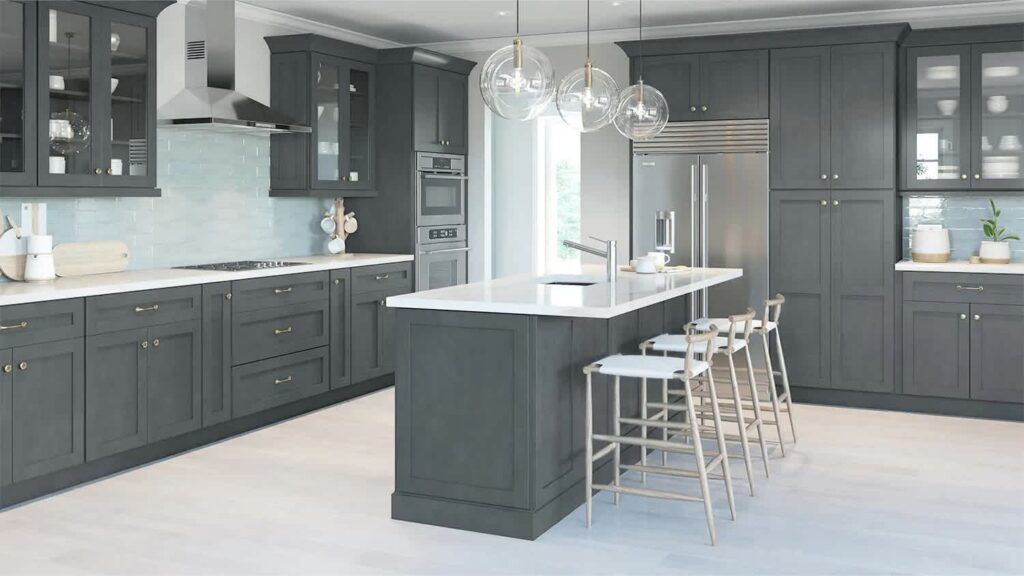 Luxury kitchen showcasing grey painted cabinets