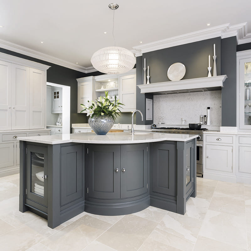 Mixed Color Kitchen Cabinets: Minimalist kitchen showcasing light grey and darker grey mixed