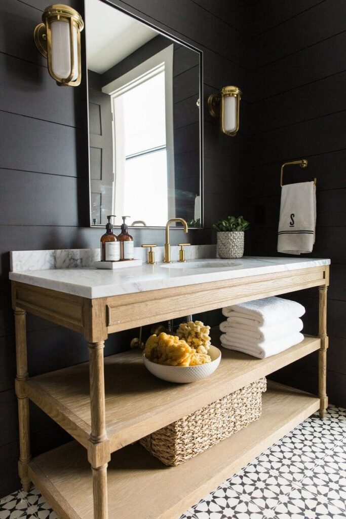 Modern bathroom cabinet with open shelves in mixed finishes