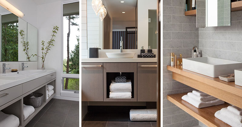 Modern bathroom cabinet with open shelves featuring plants and neatly rolled towels for a sleek design