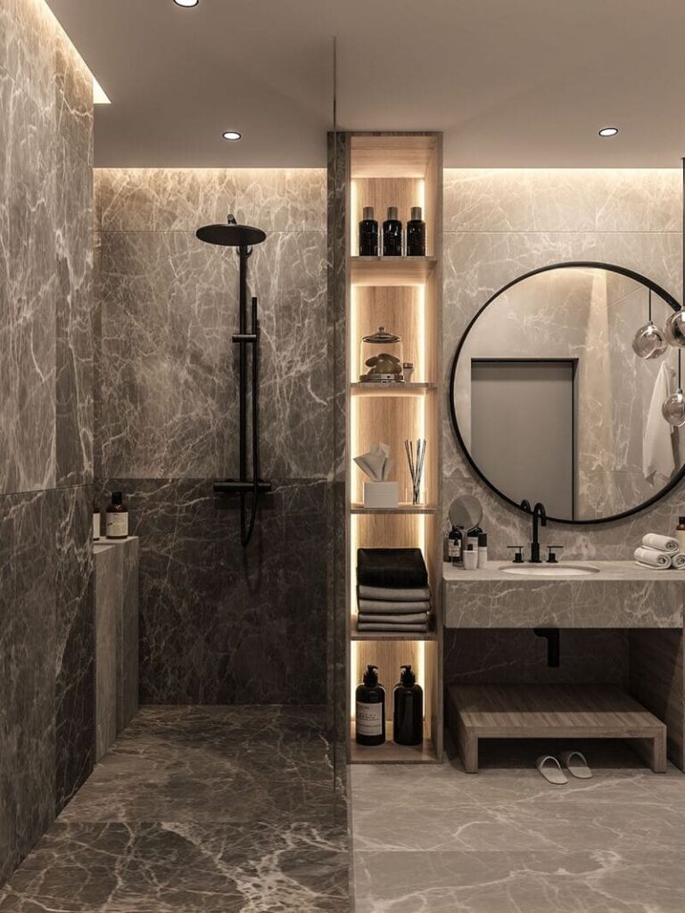 Modern bathroom featuring open shelves cabinets with a minimalist design