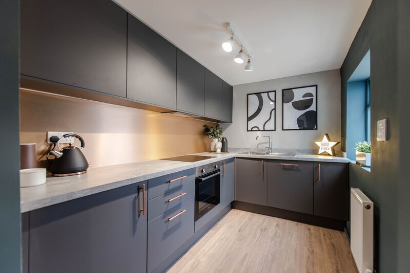 Modern kitchen featuring matte grey painted kitchen cabinets