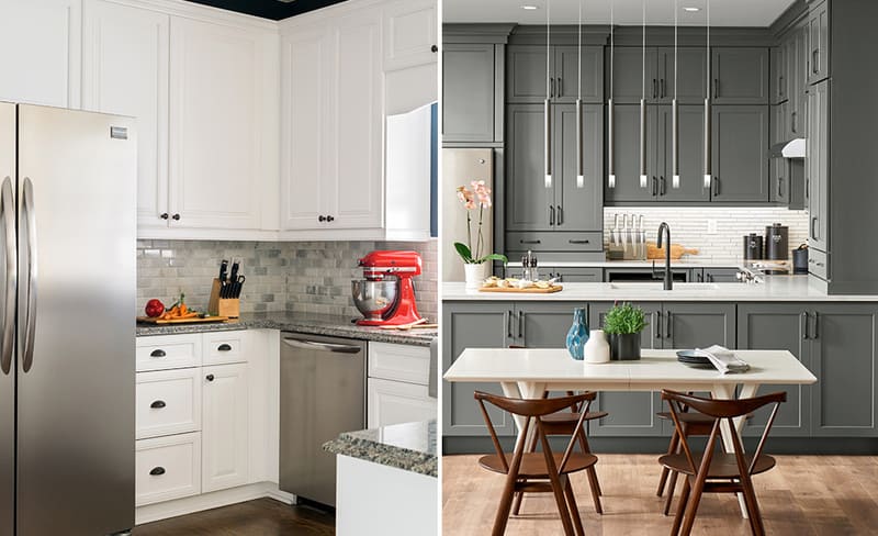 Modern kitchens featuring a side-by-side comparison of white painted cabinets and grey cabinets