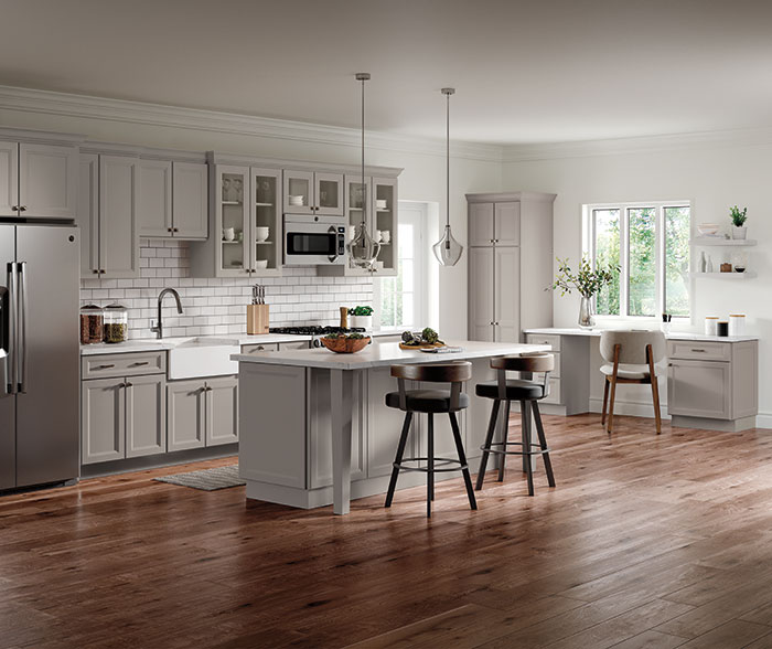 Mixed Color Kitchen Cabinets: Transitional kitchen showcasing soft grey painted