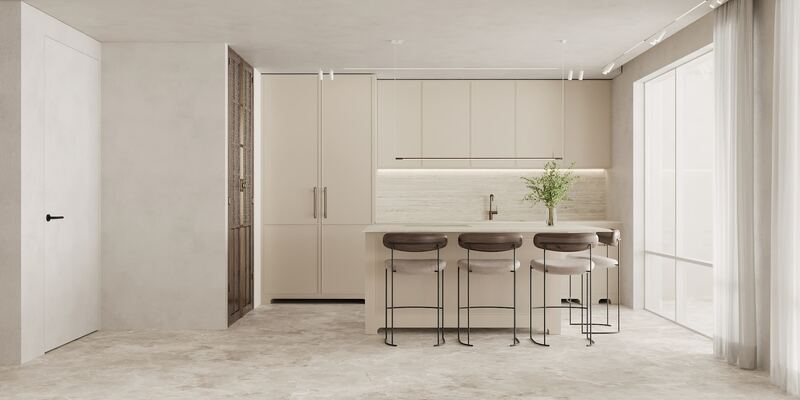 Casta’s warm white cabinets