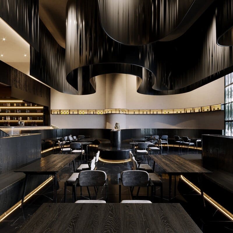 Upscale restaurant showcasing black painted bar