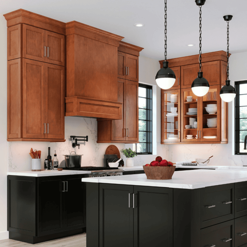 Two-tone kitchen with matte black lower cabinets and white upper cabinets for a balanced design