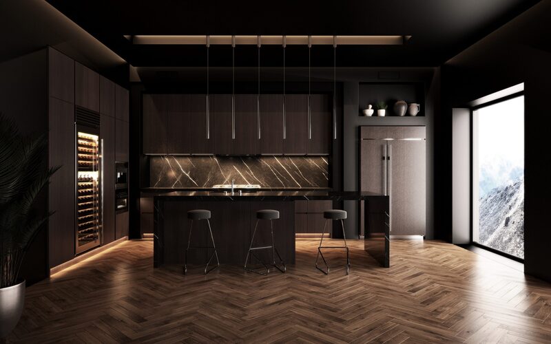 Luxury kitchen with dark brown painted cabinets and gold accents for a timeless design