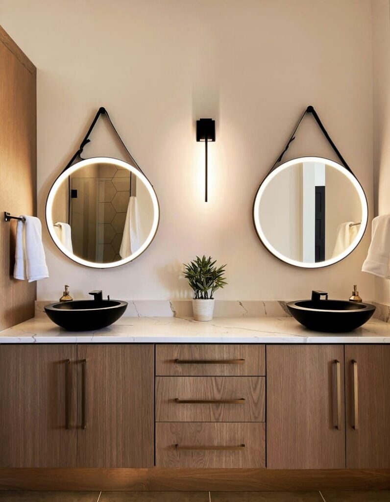 A close-up of brass cabinet pulls on a vintage-inspired bathroom vanity designed by Casta, showcasing durability and timeless design