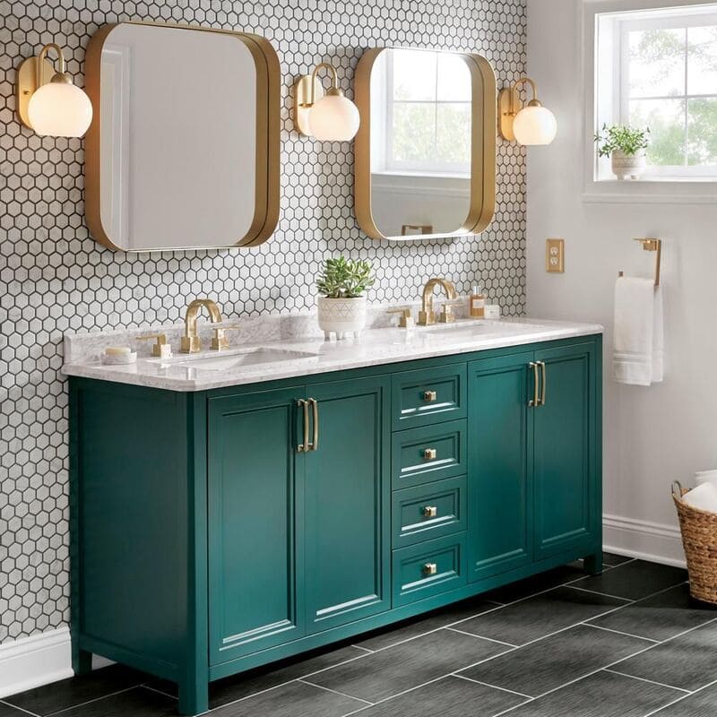 A luxurious bathroom with emerald green painted cabinets and white marble countertops, exuding elegance and charm