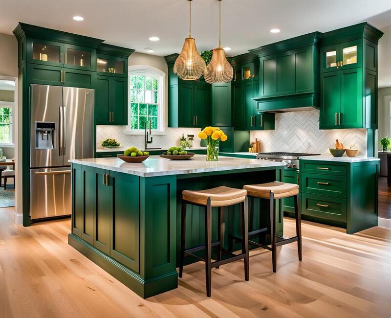 A modern kitchen with emerald green cabinets, brass gold hardware, for a bold, elegant finish