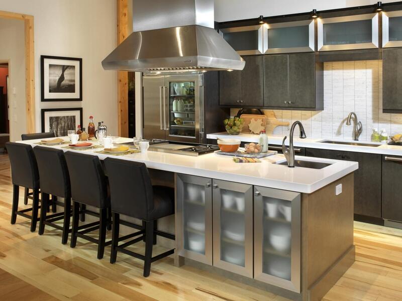 A customized kitchen island with built-in storage and seating, designed for a contemporary kitchen layout