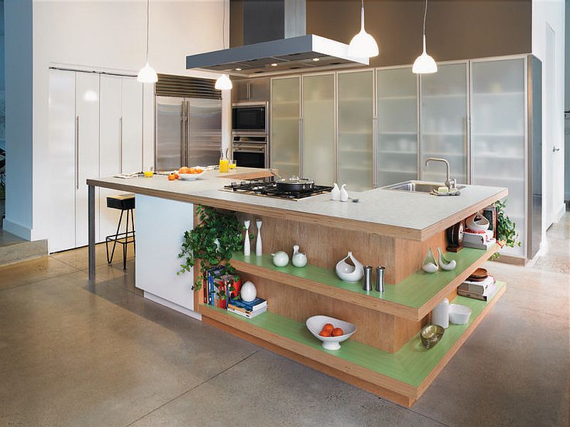 A fully customized kitchen island with built-in shelves, seating, and premium finishes designed for a unique kitchen layout