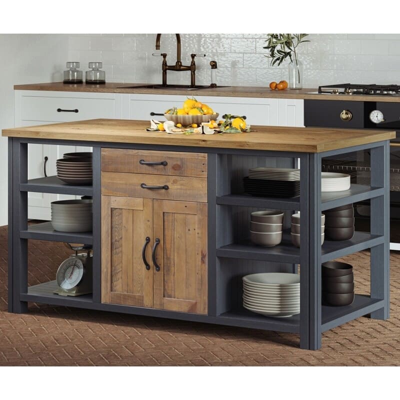 A modern kitchen island made with high-quality solid wood and scratch-resistant countertops, ideal for long-term use