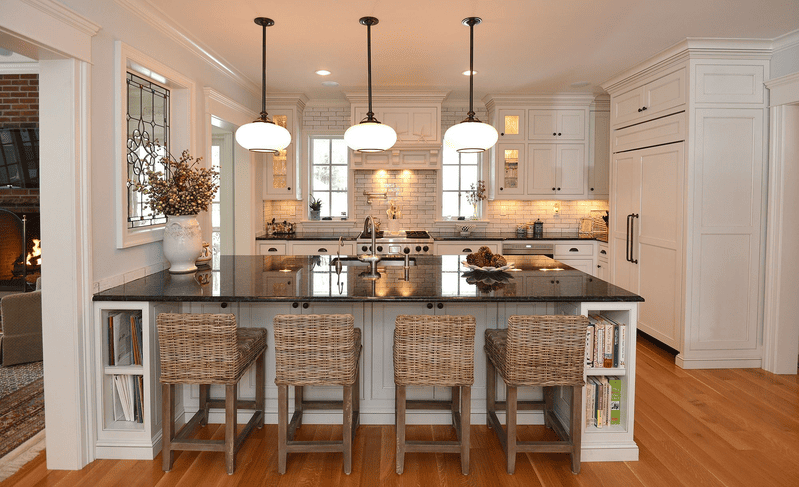 Medium-sized kitchen island featuring built-in storage and seating, perfect for family kitchens