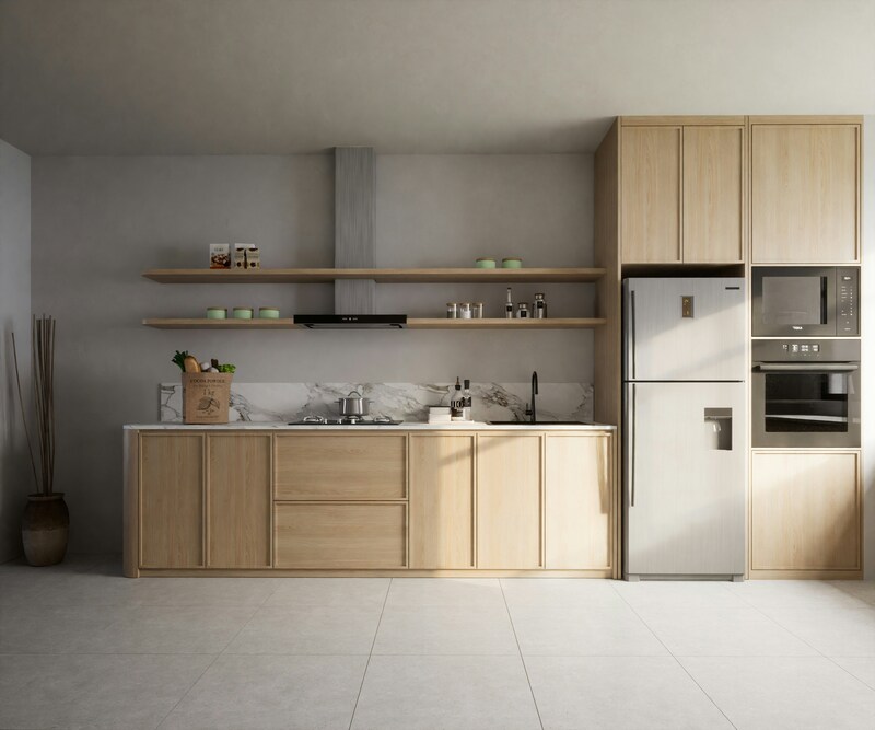 Casta’s custom open shelves cabinets paired with closed storage for a perfect blend of style and functionality in a modern kitchen