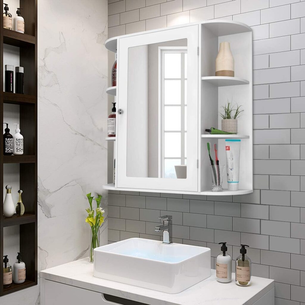 A modern bathroom with a sleek wall-mounted long mirror medicine cabinet offering ample storage and a clean, organized look