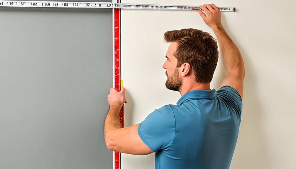 A contractor measuring the wall width to determine the appropriate dimensions for a custom media cabinet