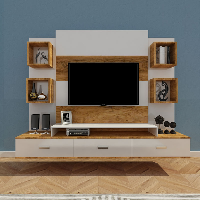 A stylish media wall cabinet featuring open oak shelves and sleek closed compartments in a contemporary living room