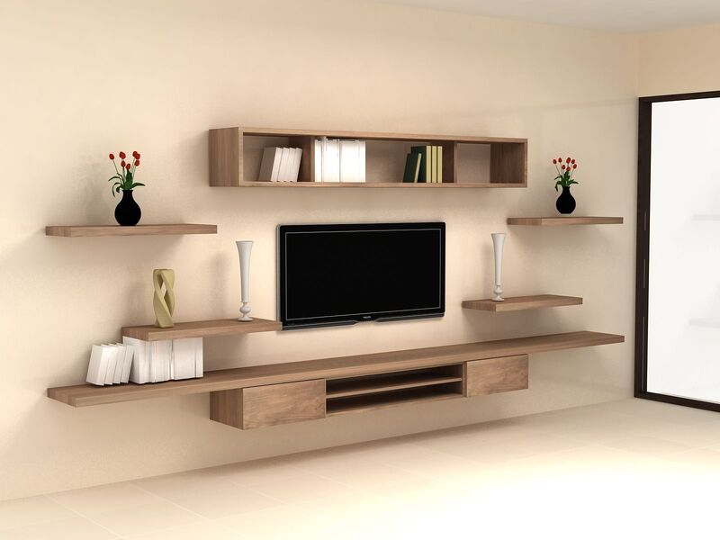 A sleek, space-saving wall-hung media cabinet in a minimalist living room, offering ample storage without occupying floor space